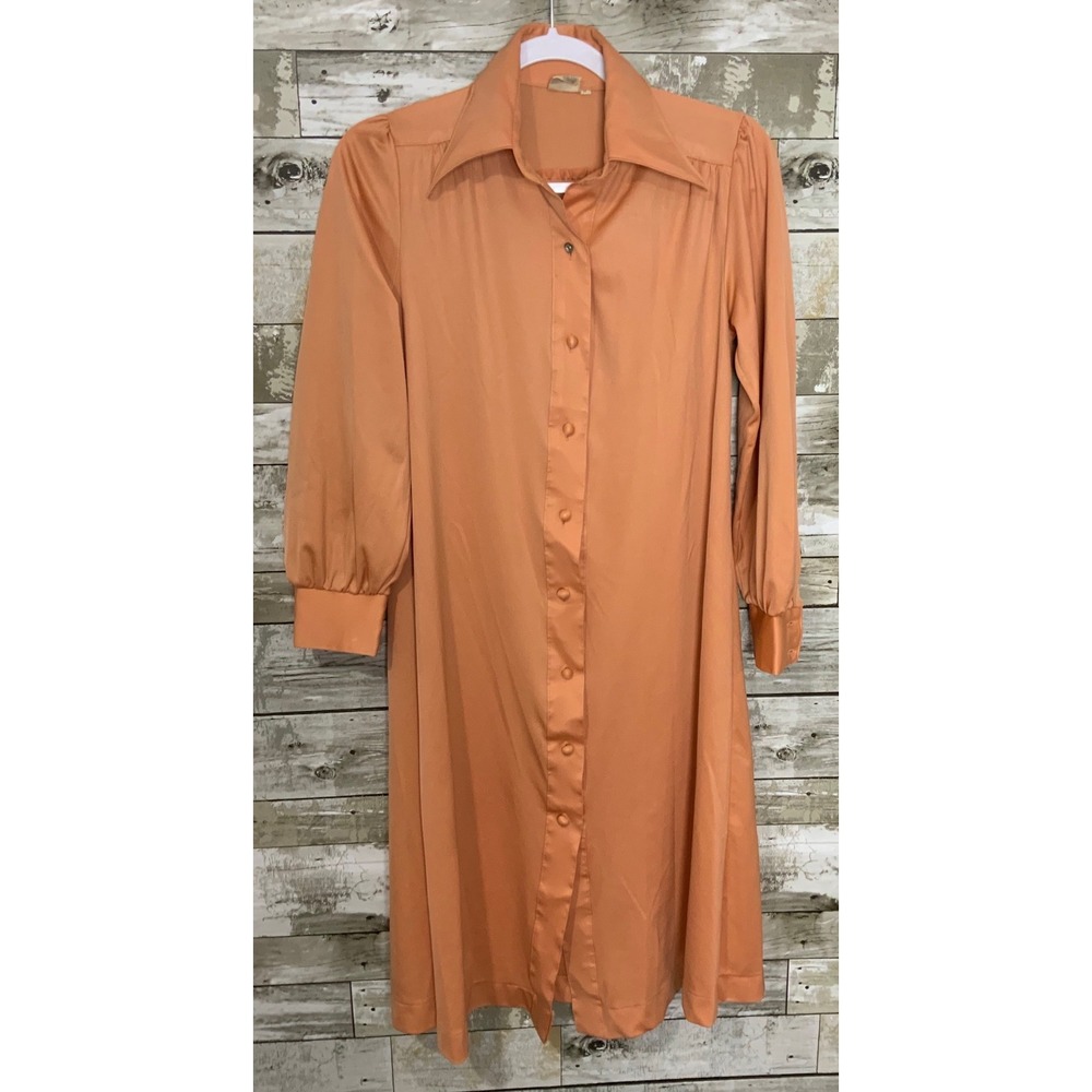 Vtg Queen's Way to Fashion Orange Long Sleeve Button Front Tunic Shirt Dress 8